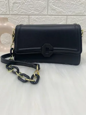 Black Solid Structured Handheld Bag with Detachable Sling Strap