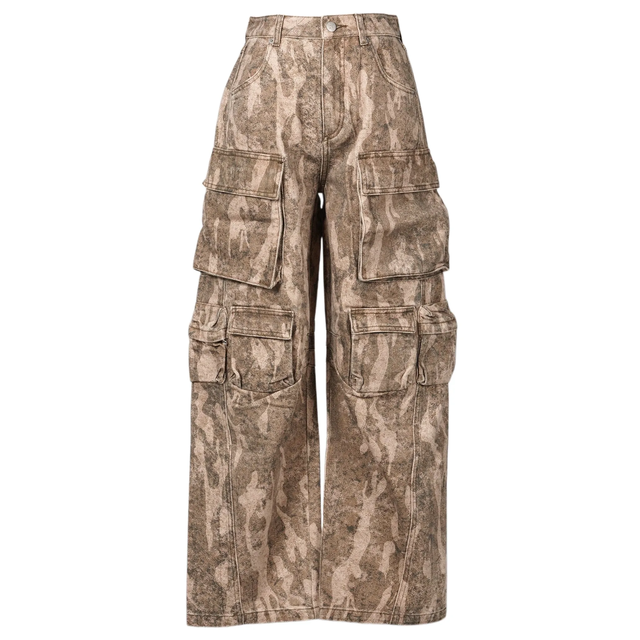 CAMOUFLAGE PATTERN PANELED CARGO JEANS / CAMOUFLAGE