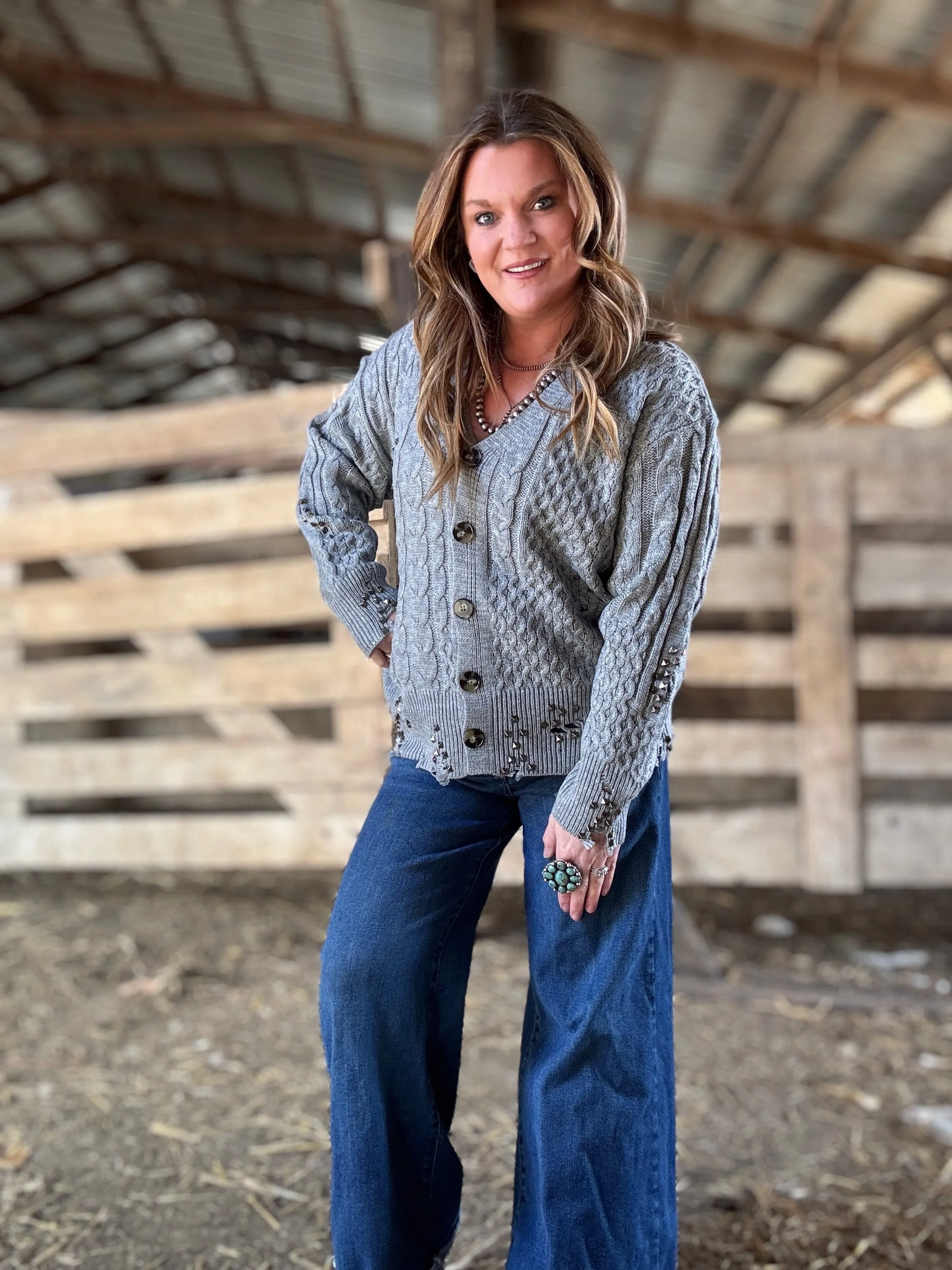 Distressed Studded Cable Knit Cardigan