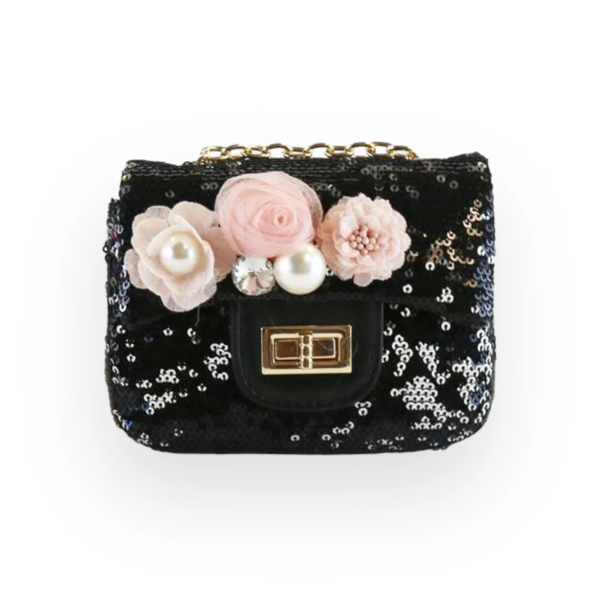 Floral Appliques Sequin Purse - Black