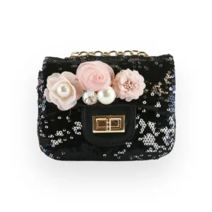 Floral Appliques Sequin Purse - Black