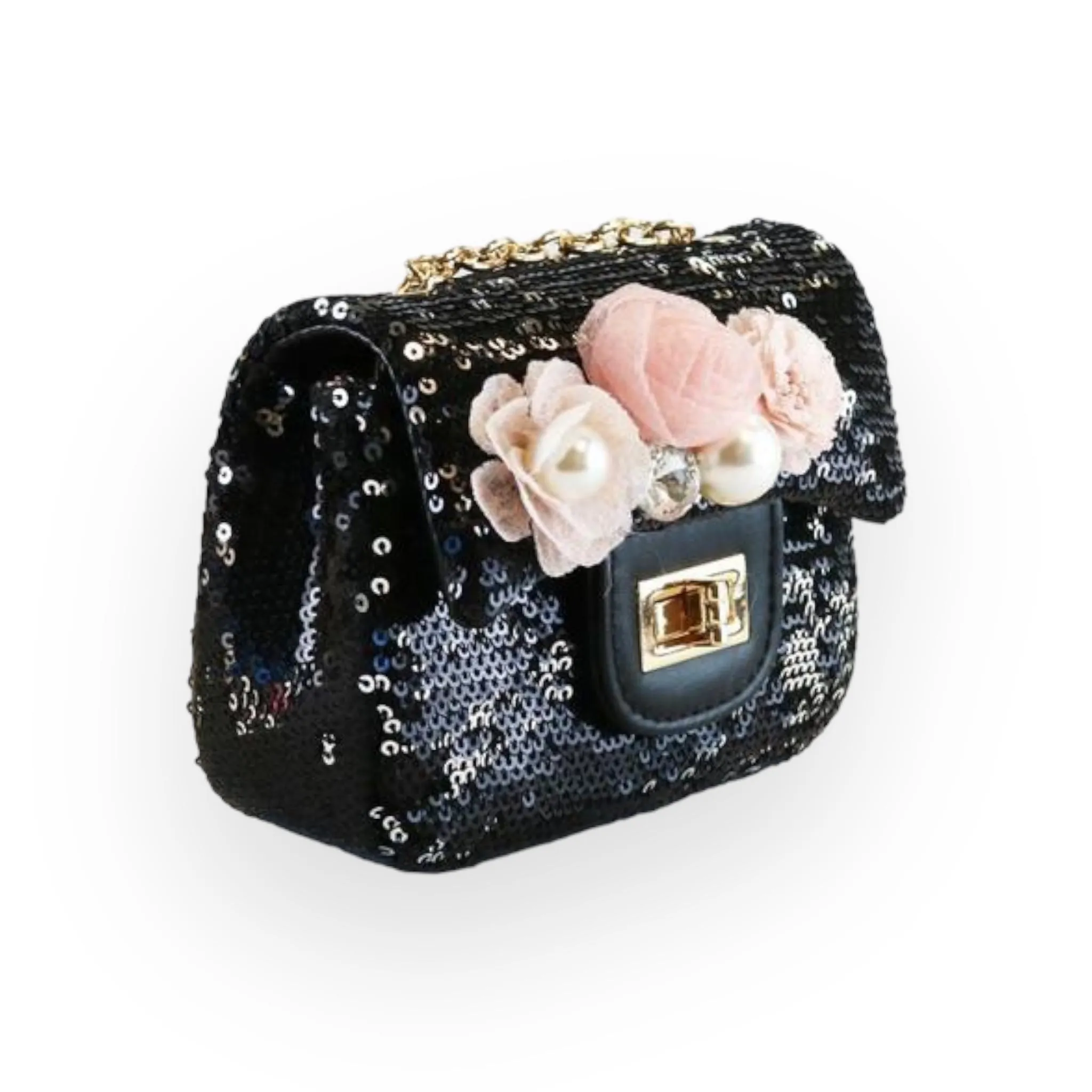 Floral Appliques Sequin Purse - Black