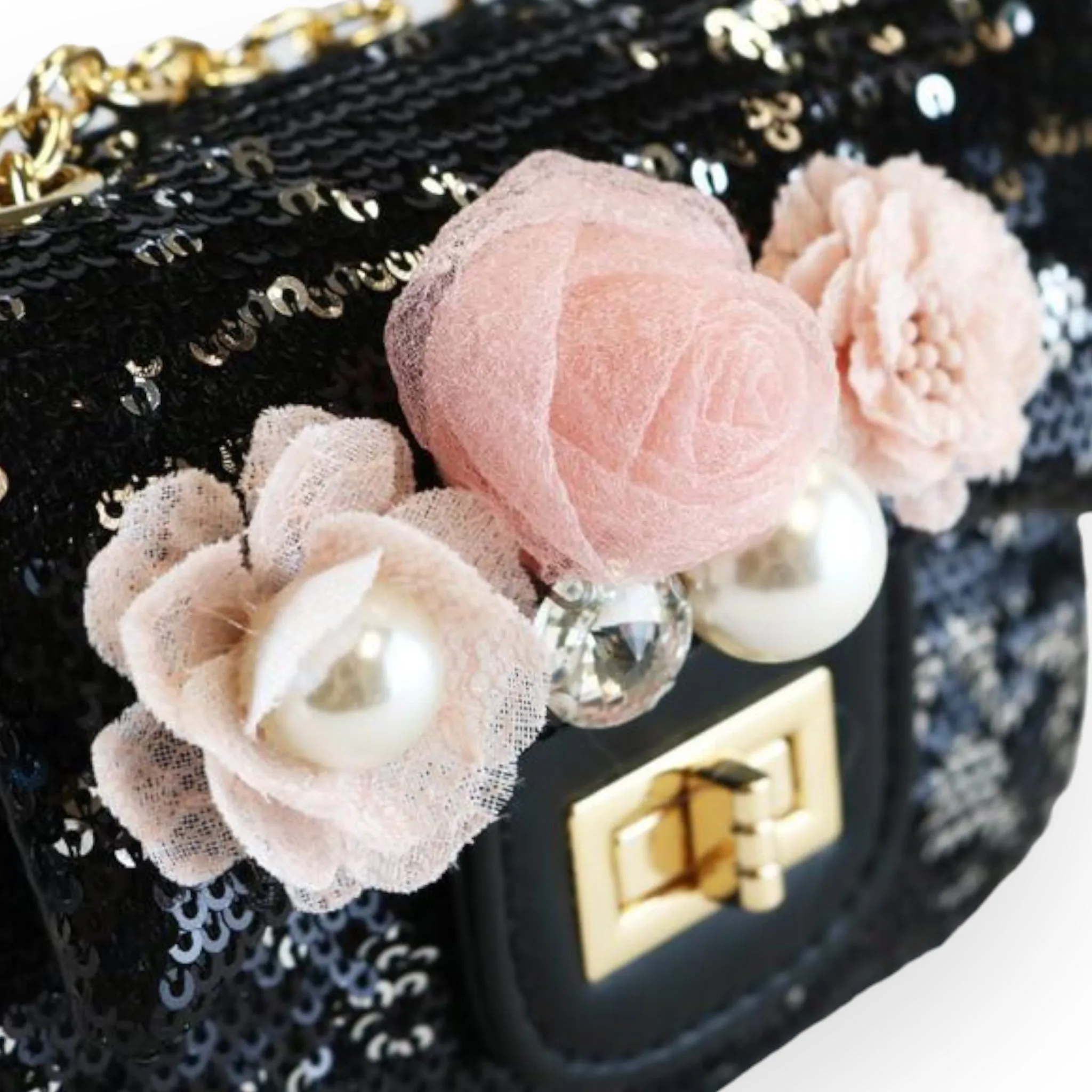 Floral Appliques Sequin Purse - Black