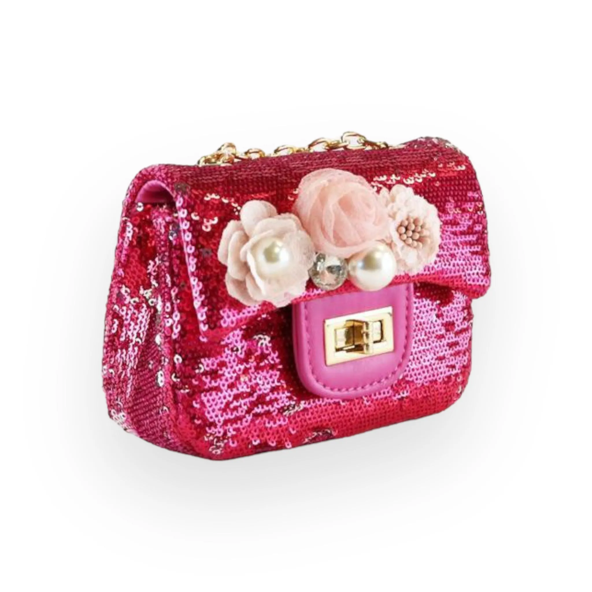 Floral Appliques Sequin Purse - Fuchsia