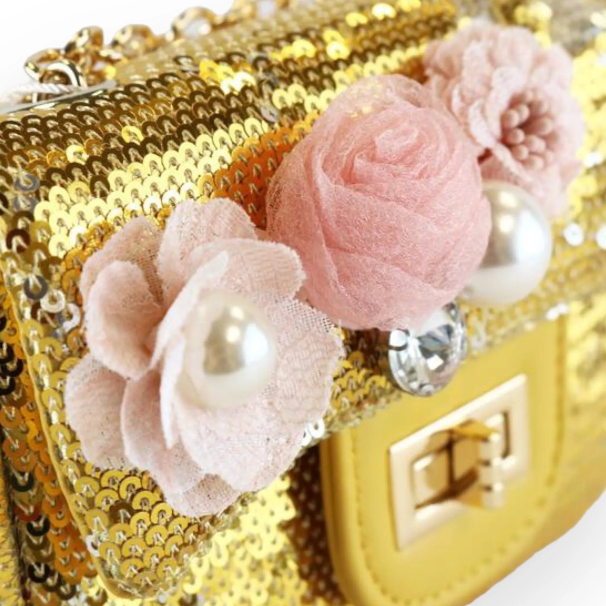 Floral Appliques Sequin Purse - Gold