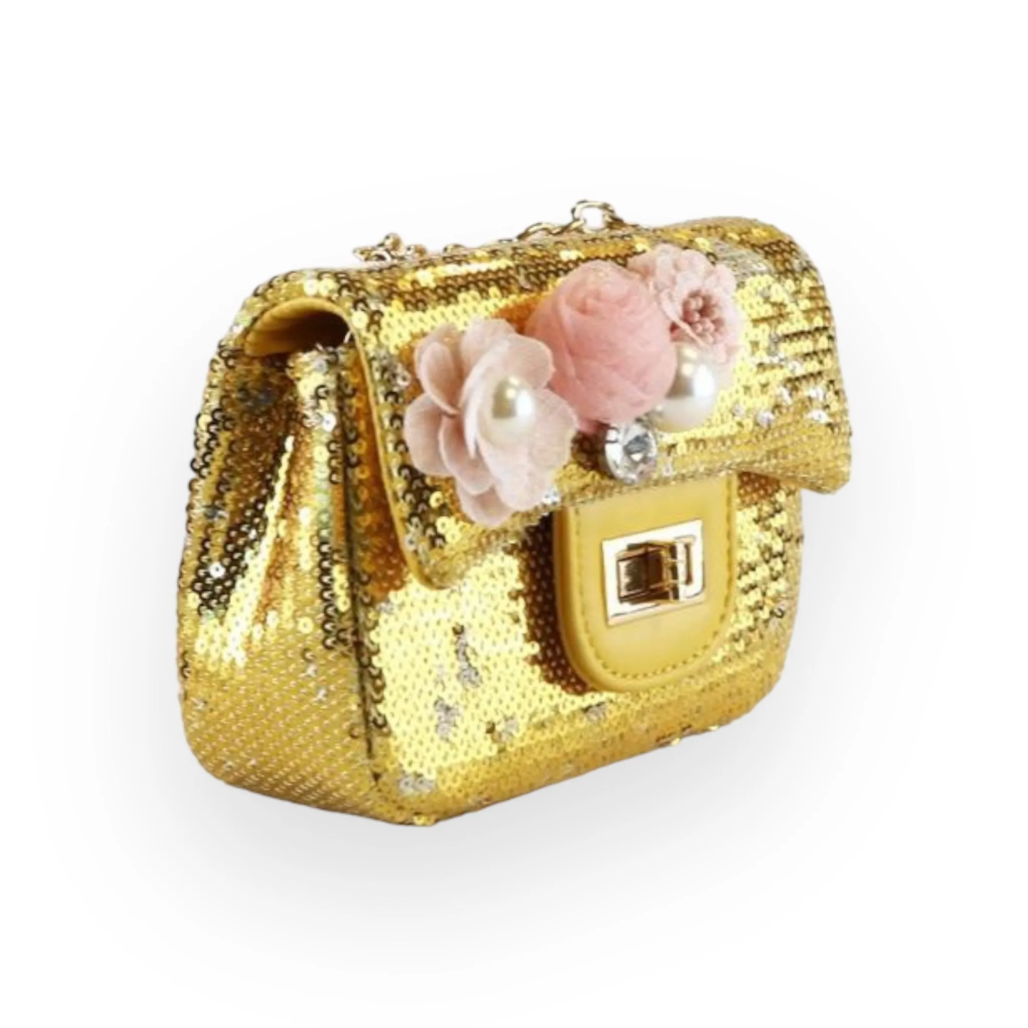 Floral Appliques Sequin Purse - Gold