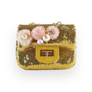 Floral Appliques Sequin Purse - Gold