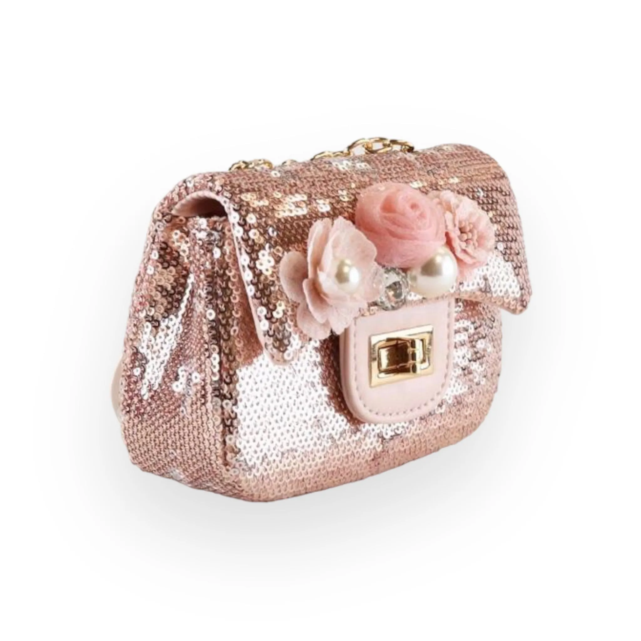 Floral Appliques Sequin Purse - Rose Gold