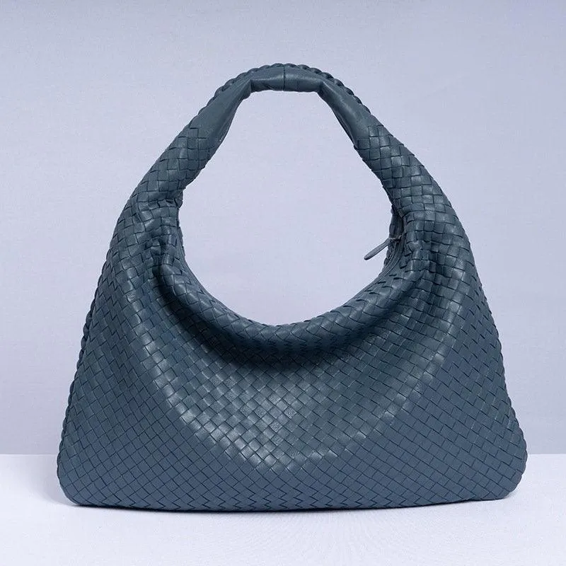 Lambskin Hobo Bag | Italian Leather Handbag | Large Handwoven Laptop Bag, Woven Dumpling Bag,  Leather Tote Bag, Black, Blue Working Bag