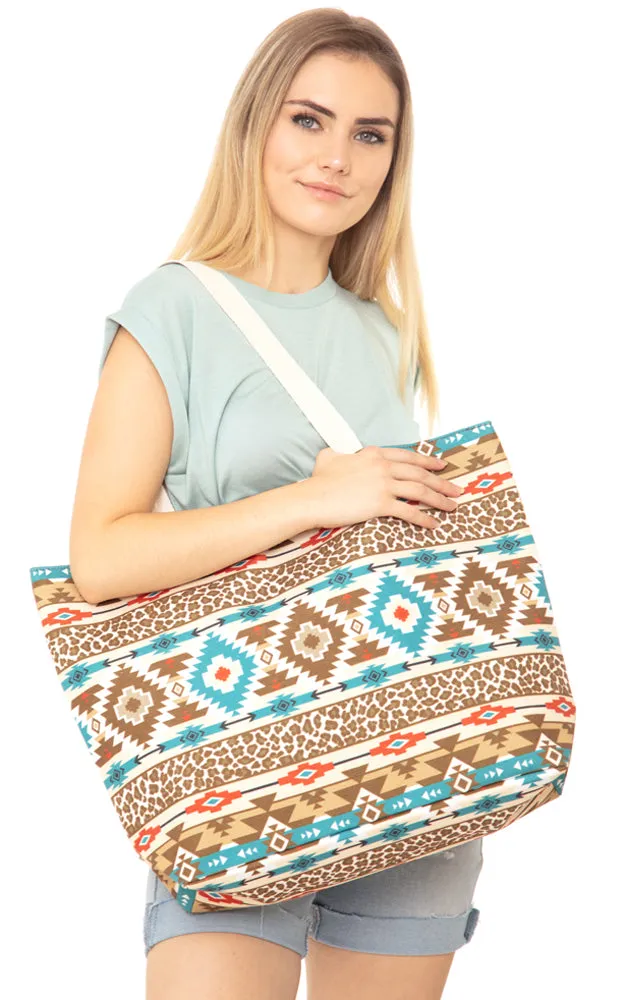 MB0121 Colorful Tribal & Leopard Mix Pattern Tote Bag