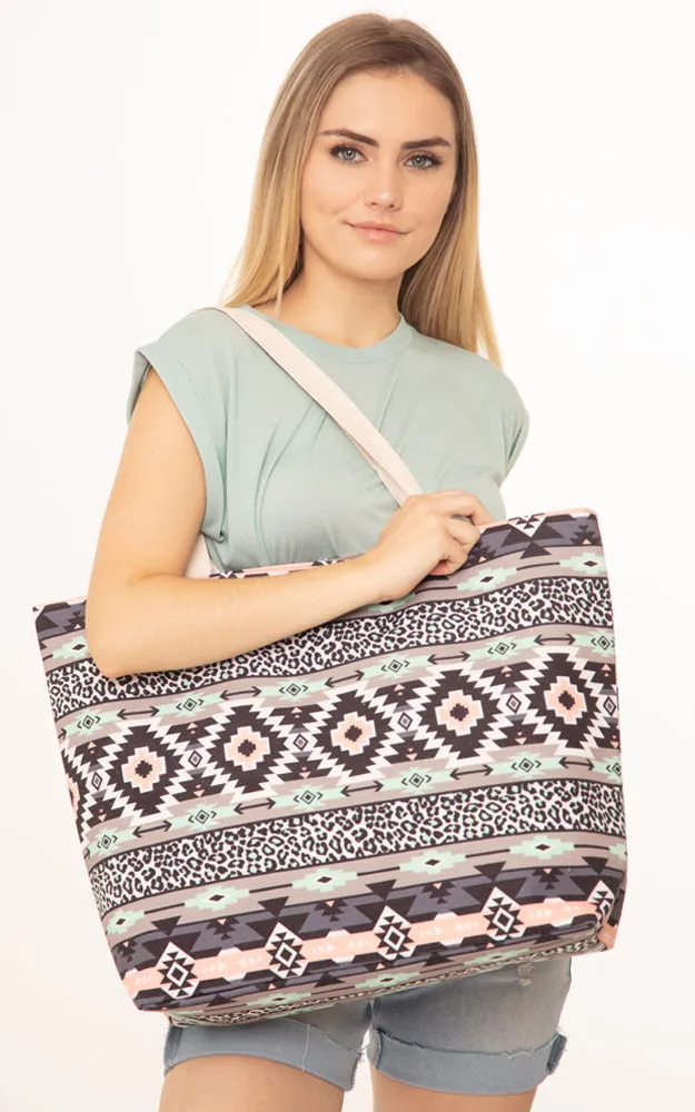 MB0121 Colorful Tribal & Leopard Mix Pattern Tote Bag
