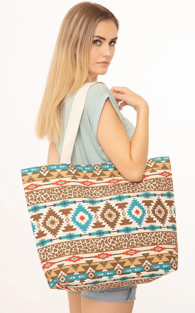 MB0121 Colorful Tribal & Leopard Mix Pattern Tote Bag