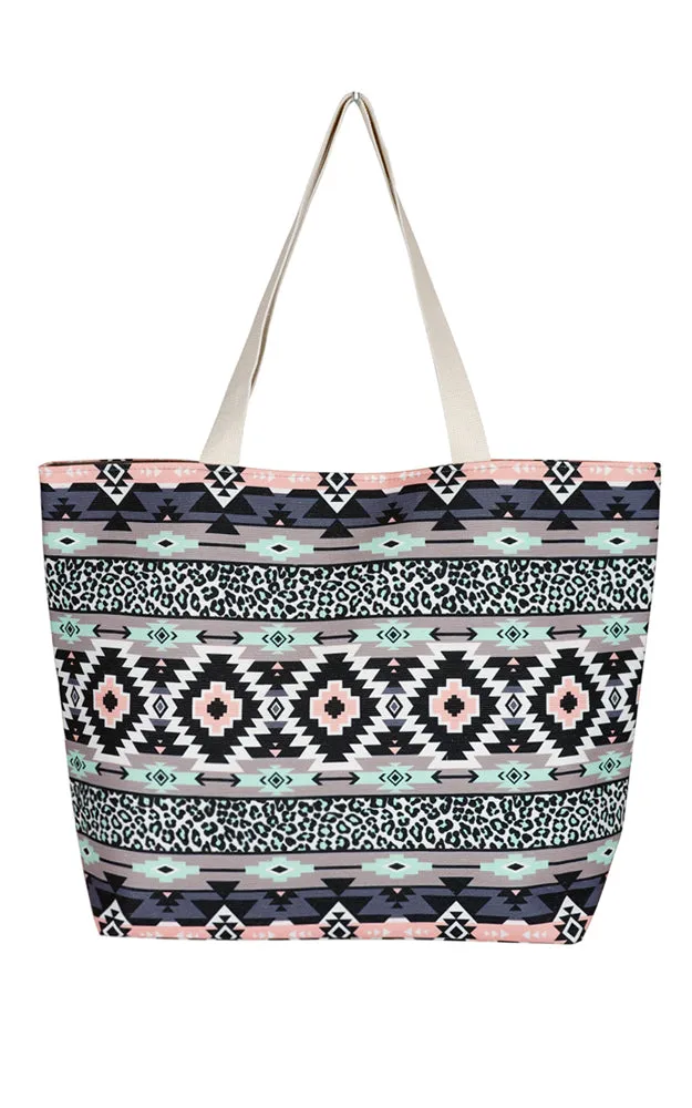 MB0121 Colorful Tribal & Leopard Mix Pattern Tote Bag