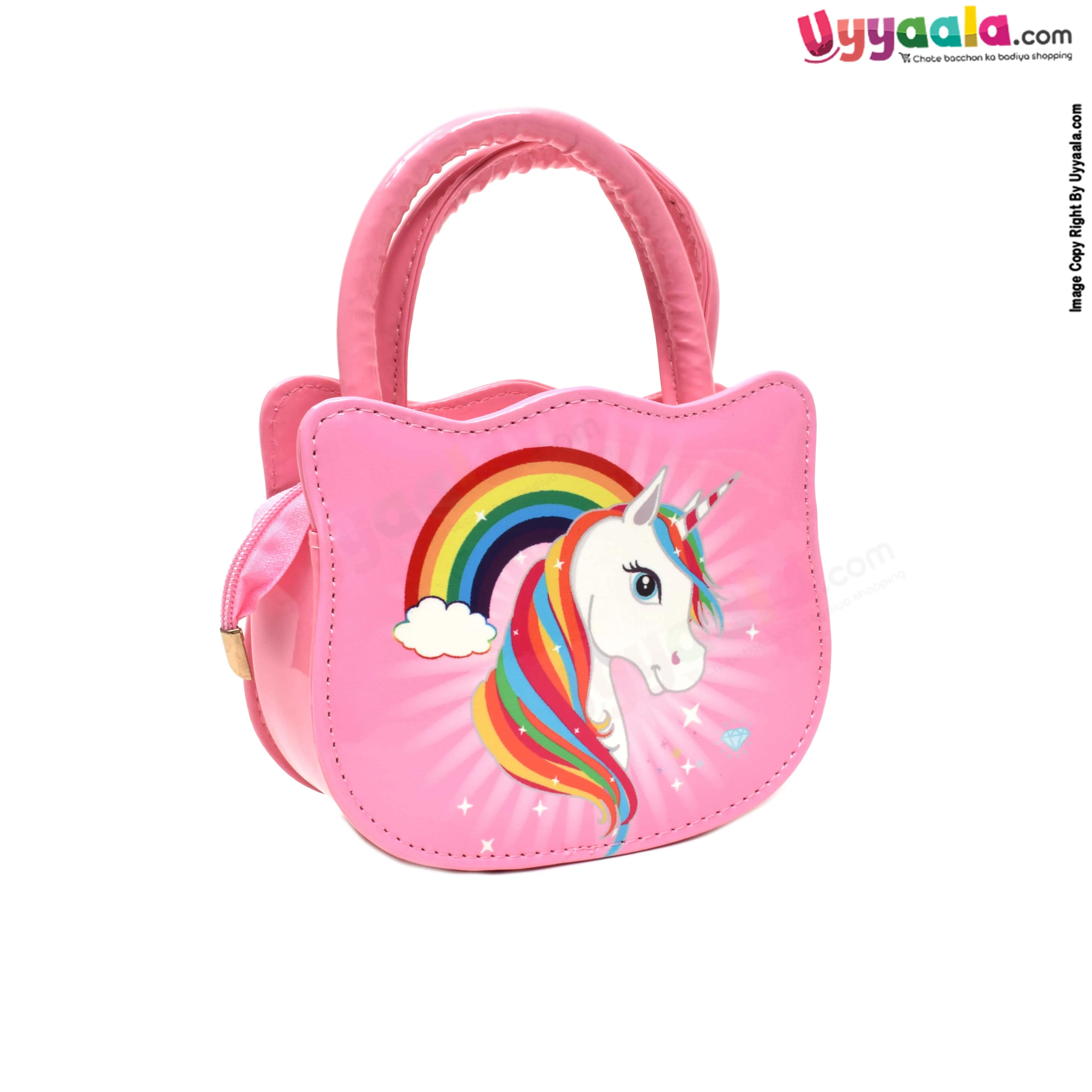 Party wear sling hand bag for kids (baby girl) with rainbow & unicorn print, age 3  years-Pink