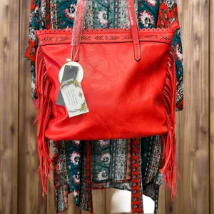 Red Laser Cut Fringe 2-in-1 Shopper Faux vegan leather Zip top closure