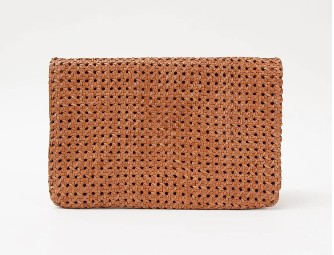 Tan Woven Foldover Clutch