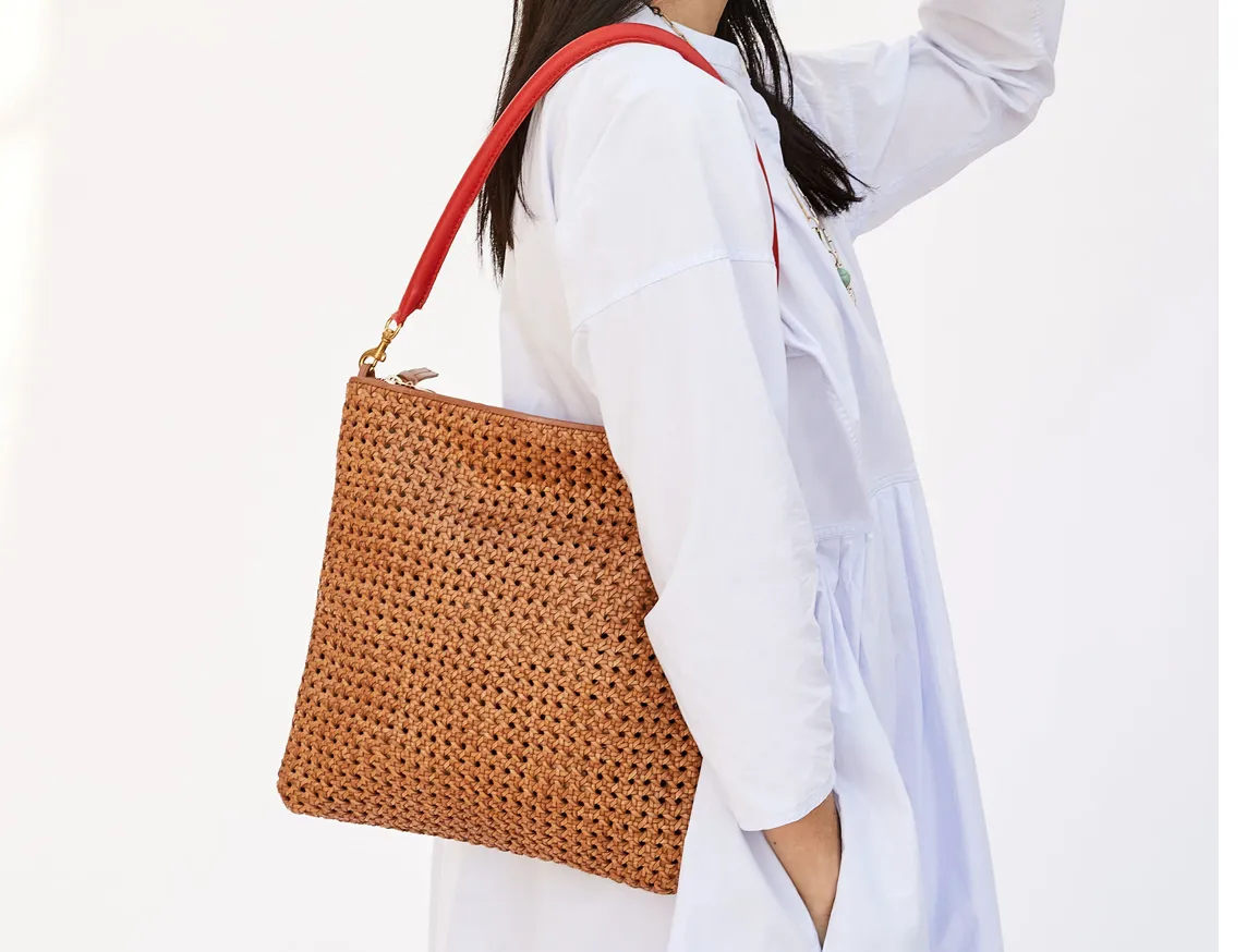 Tan Woven Foldover Clutch