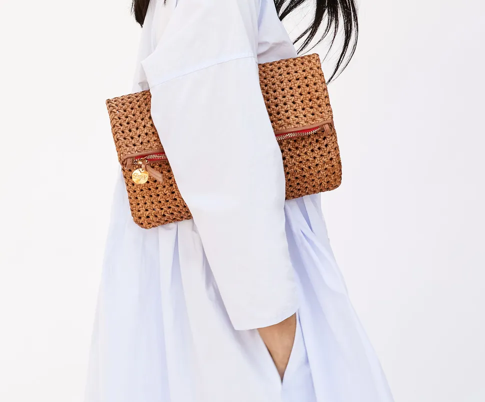Tan Woven Foldover Clutch
