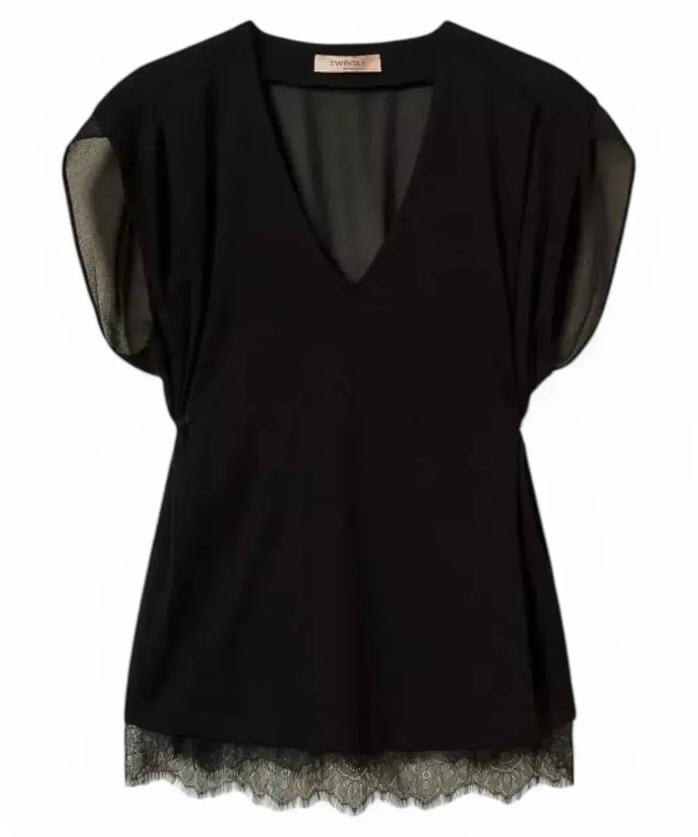 Top in Jersey e Georgette con Pizzo e Pieghe