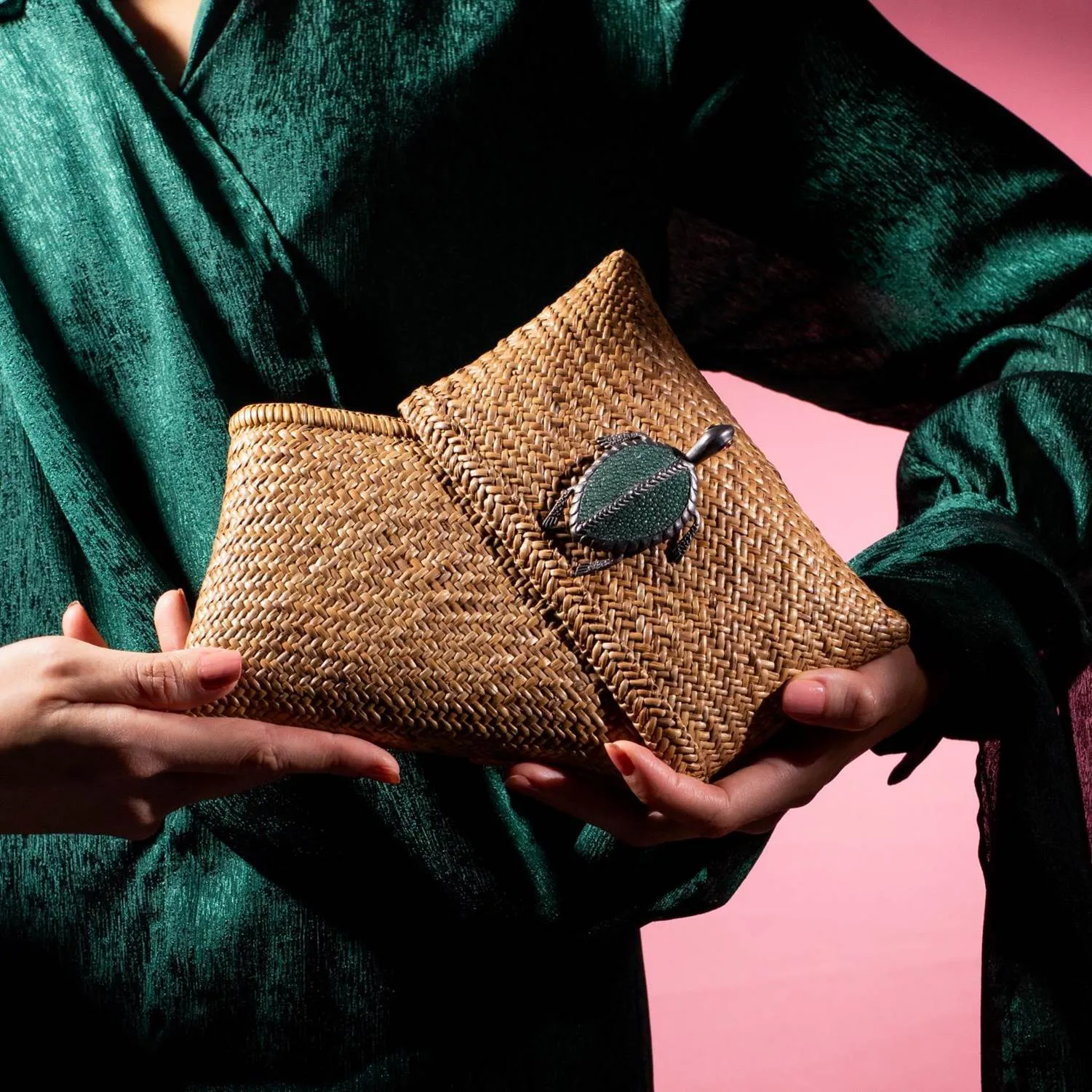 Tropical Woven Handbag with  Turtle