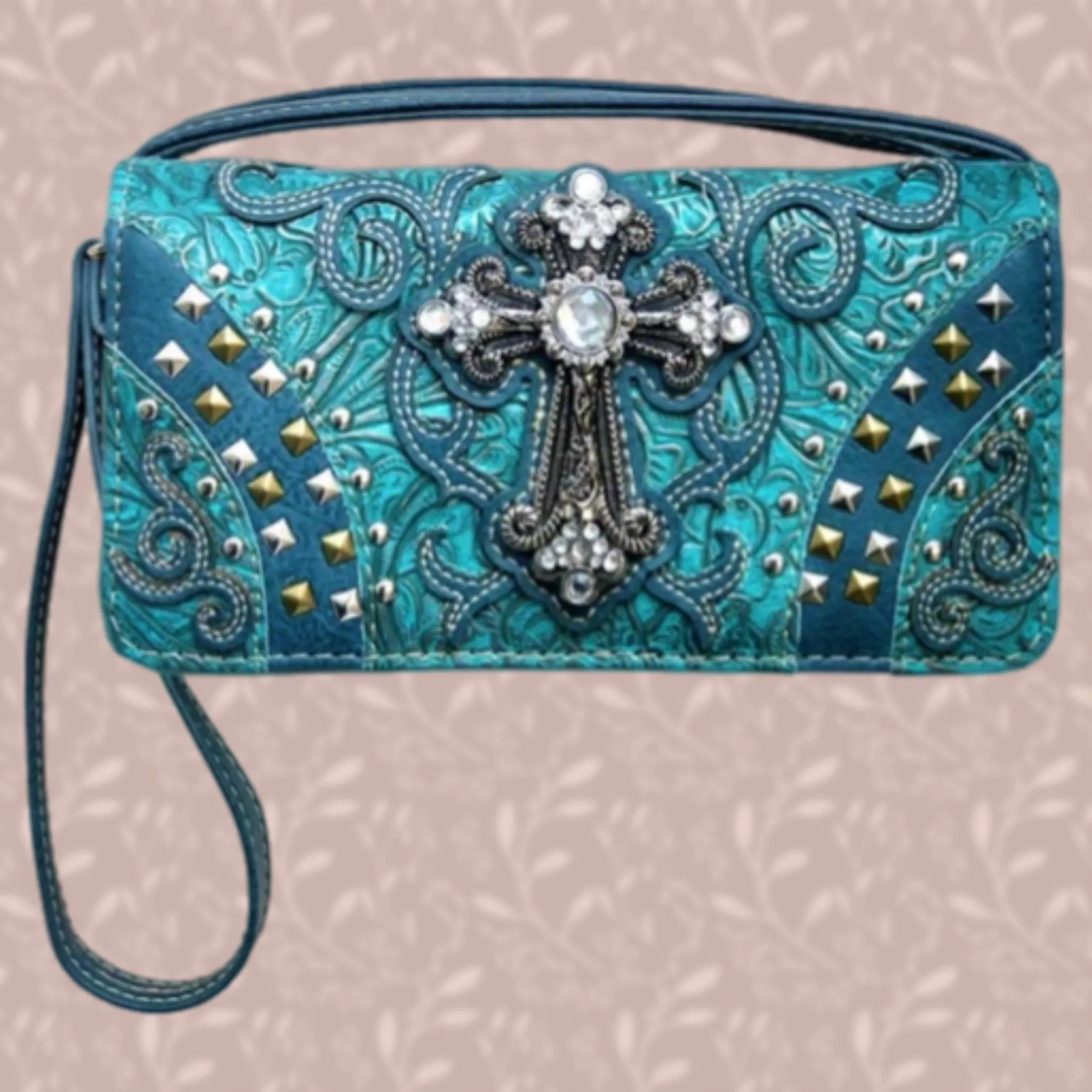 Western Studded Rhinestone Cross Wallet-TQ