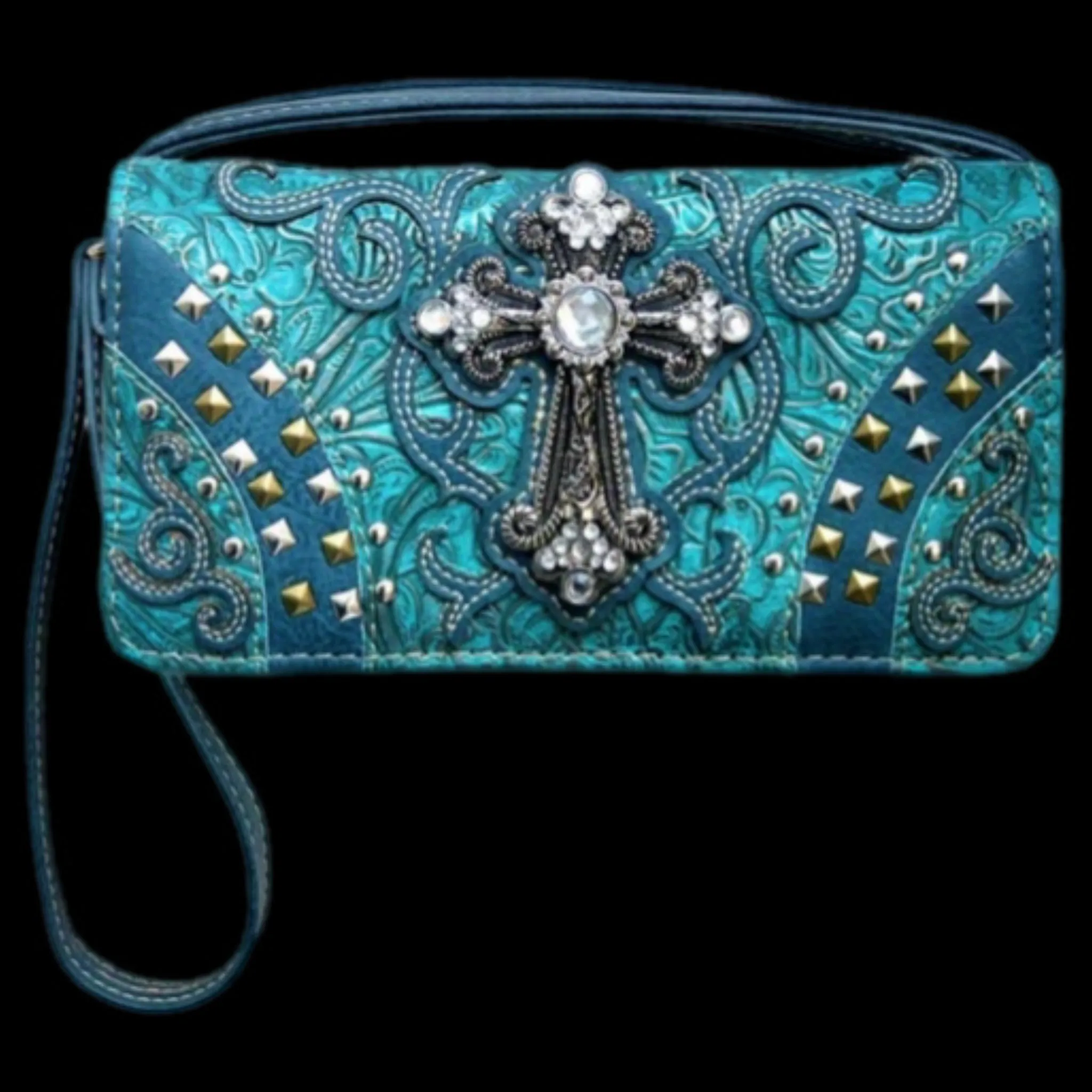 Western Studded Rhinestone Cross Wallet-TQ